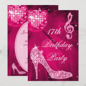 Invitation Chaud rose Disco Ball Étincelle talons 17e anniver (Devant / Derrière)
