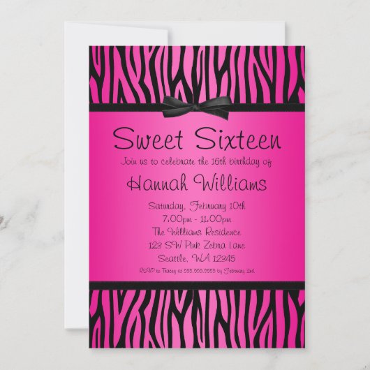 Invitation Chaud rose et noir Zebra Bow Sweet 16 Anniversaire (Devant)