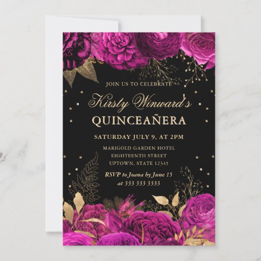 Invitation Chaud rose et or Roses Floral Quinceanera (Devant)