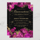Invitation Chaud rose et or Roses Floral Quinceanera (Devant / Derrière)