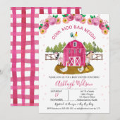 Invitation Chaud Rose Grange ferme Baby shower animaux de fer (Devant / Derrière)