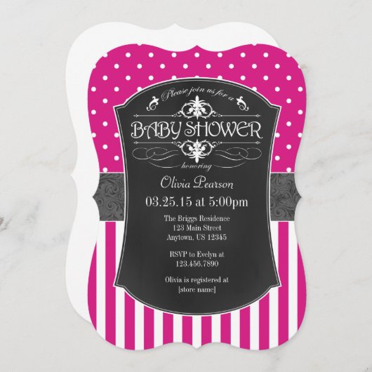 Invitation Chaud rose Gris Chalkboard rayures Baby shower (Devant / Derrière)