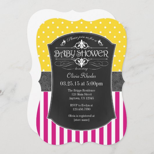 Invitation Chaud rose jaune gris Chalkboard Baby shower en ba (Devant / Derrière)