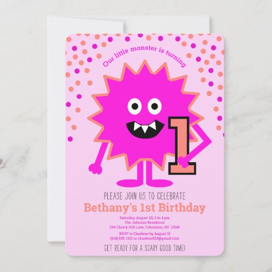 Invitation Chaud rose mignon petit monstre 1er anniversaire p (Devant)