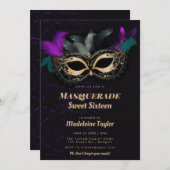Invitation Chaud rose or noir Masquerade Masquerade Sweet 16  (Devant / Derrière)