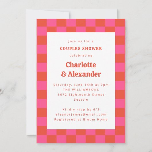 Invitation Chaud Rose Orange Retro Checkerboard Couples Douch (Devant)