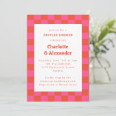 Invitation Chaud Rose Orange Retro Checkerboard Couples Douch (Debout devant)