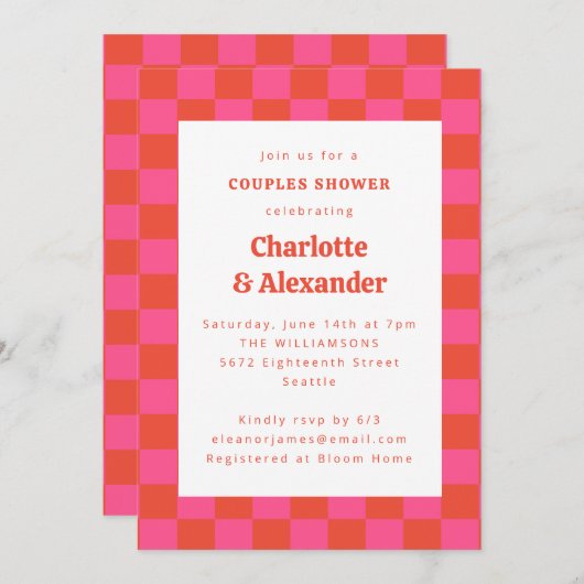 Invitation Chaud Rose Orange Retro Checkerboard Couples Douch (Devant / Derrière)
