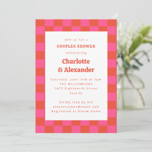 Invitation Chaud Rose Orange Retro Checkerboard Couples Douch