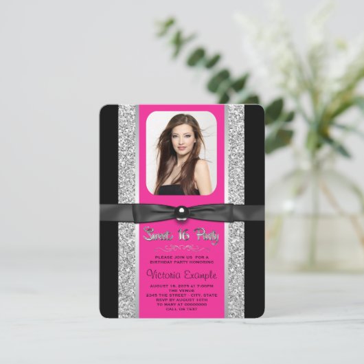 Invitation Chaud rose Parties scintillant argent doux 16 Part (Debout devant)