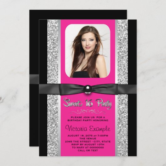 Invitation Chaud rose Parties scintillant argent doux 16 Part (Devant / Derrière)