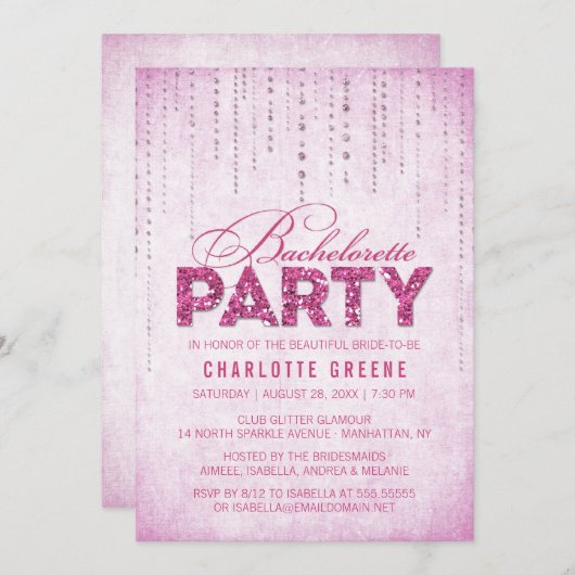Invitation Chaud rose Parties scintillant Look Bachelorette P (Devant / Derrière)
