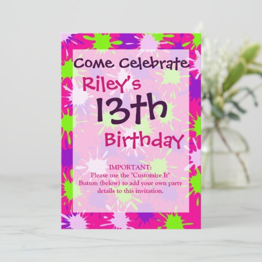 Invitation Chaud rose pourpre citron vert Paint Splaych (Debout devant)