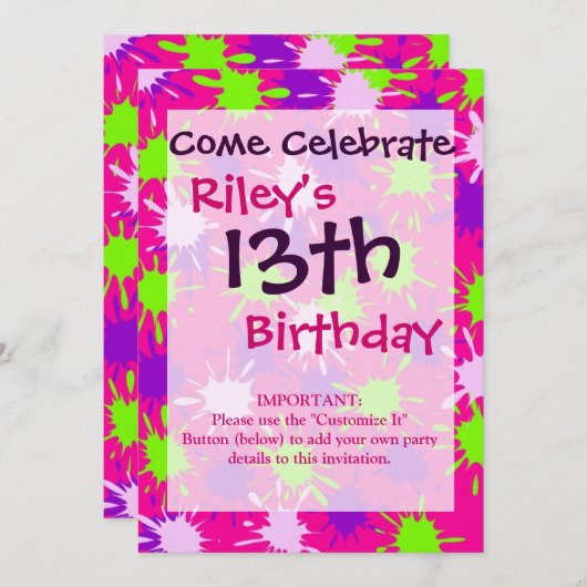 Invitation Chaud rose pourpre citron vert Paint Splaych (Devant / Derrière)