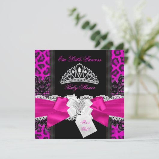 Invitation Chaud rose princesse Baby shower fille Léopard noi (Debout devant)