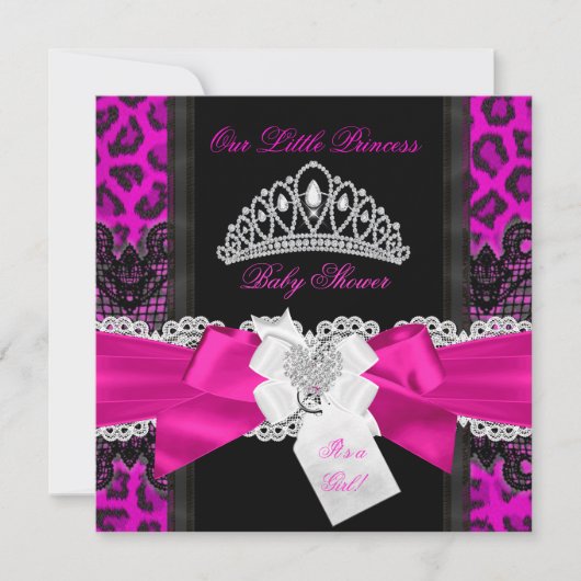 Invitation Chaud rose princesse Baby shower fille Léopard noi (Devant)