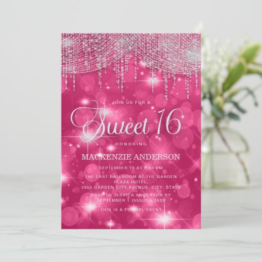 Invitation Chaud Rose String Lights Étincelle Douce 16 (Debout devant)