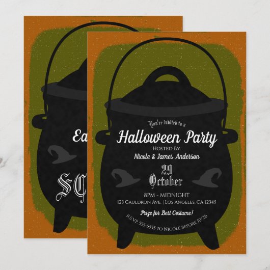 Invitation Chaudière de sorcière noire Orange Vert Soirée Hal (Devant / Derrière)