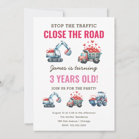 Invitation Chauffage de construction Camion Coeur Anniversair (Devant)
