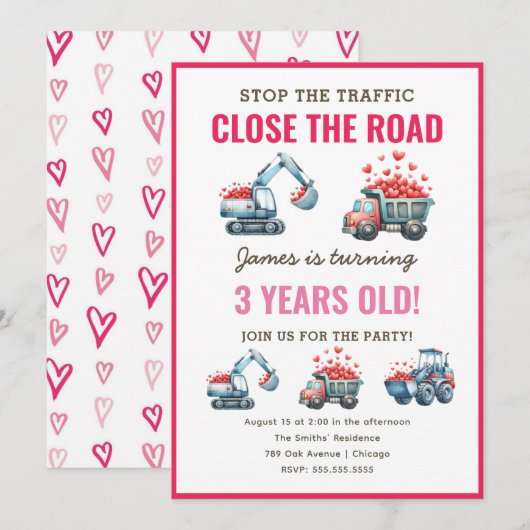 Invitation Chauffage de construction Camion Coeur Anniversair (Devant / Derrière)