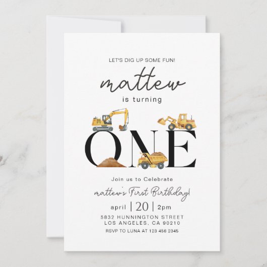 Invitation Chauffage de construction Truck Party Garçon premi (Devant)