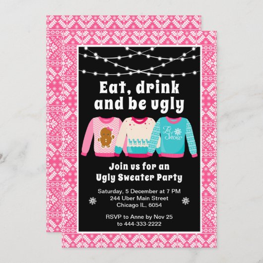 Invitation Chauffeurs de Noël moches Fête rose (Devant / Derrière)