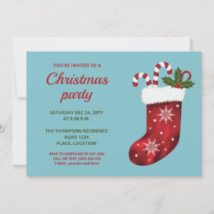 Invitation Chaussette de Noël rouge sur fond bleu - Fête de N