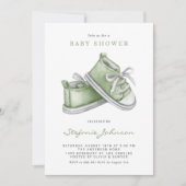 Invitation Chaussons bébé vert aquarelle Code QR Baby Shower (Devant)