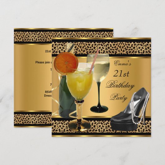 Invitation Chaussure à boissons léopard pour fête d'anniversa (Devant / Derrière)