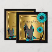 Invitation Chaussure à talon élevé Floral Turquoise Noir fête (Devant / Derrière)