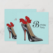 Invitation Chaussure à talon haut bleu sarcelle rouge anniver (Devant / Derrière)