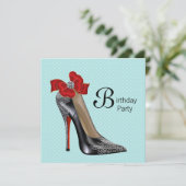 Invitation Chaussure à talon haut bleu sarcelle rouge anniver (Debout devant)