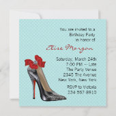 Invitation Chaussure à talon haut bleu sarcelle rouge anniver (Dos)