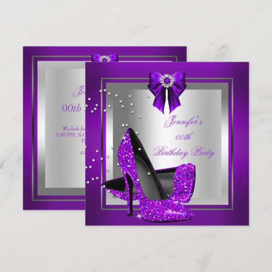 Invitation Chaussure à talon haut pailletée argent violet Ann (Devant / Derrière)
