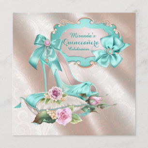 Invitation Chaussure à talon haut rose et sarcelle Quinceaner