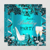 Invitation Chaussure à talon haut sarcelle Champagne dentelle (Devant / Derrière)