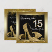 Invitation Chaussure à talon noir et or Quinceañera (Devant / Derrière)