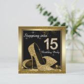 Invitation Chaussure à talon noir et or Quinceañera (Debout devant)