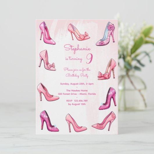 Invitation Chaussure à talon rose poupée fille fête d'anniver (Debout devant)