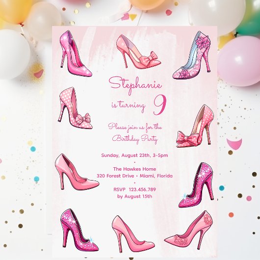 Invitation Chaussure à talon rose poupée fille fête d'anniver