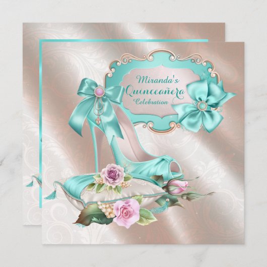Invitation Chaussure à talon vif rose et Turquoise haute Quin (Devant / Derrière)