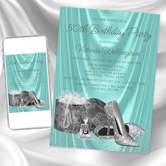 Invitation Chaussure argentée bleue sarcelle de femme pour to