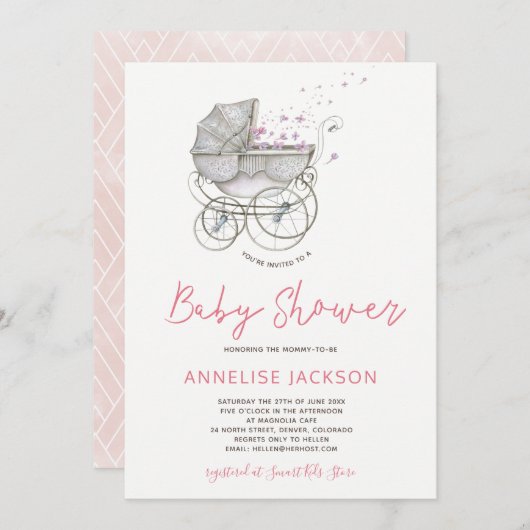 Invitation Chaussure bébé blush aquarelle bébé douche fille (Devant / Derrière)