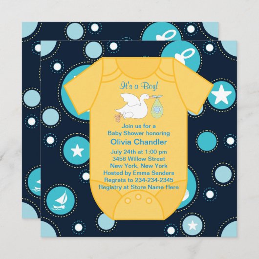 Invitation Chaussure Bleue Jaune Bébé Garçon Douche (Devant / Derrière)