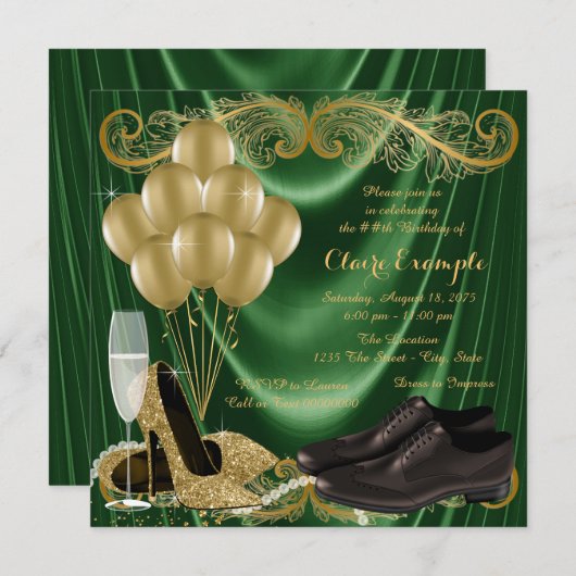 Invitation Chaussure d'or Emerald Green pour femmes fête d'an (Devant / Derrière)