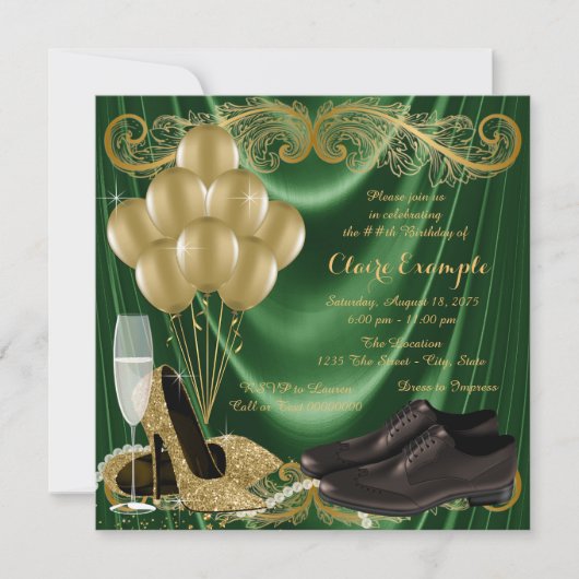 Invitation Chaussure d'or Emerald Green pour femmes fête d'an (Devant)
