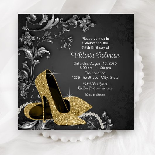 Invitation Chaussure d'or noir femmes fête d'anniversaire