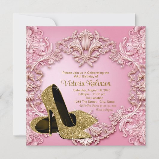 Invitation Chaussure d'or rose vif pour femmes fête d'anniver (Devant)