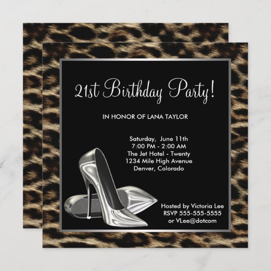 Invitation Chaussure Leopard High Heel Femmes Anniversaire (Devant / Derrière)