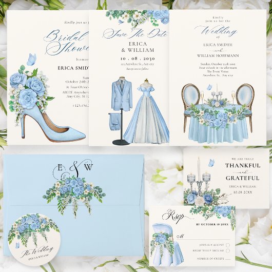 Invitation Chaussure nuptiale fleurie bleu talons hauts